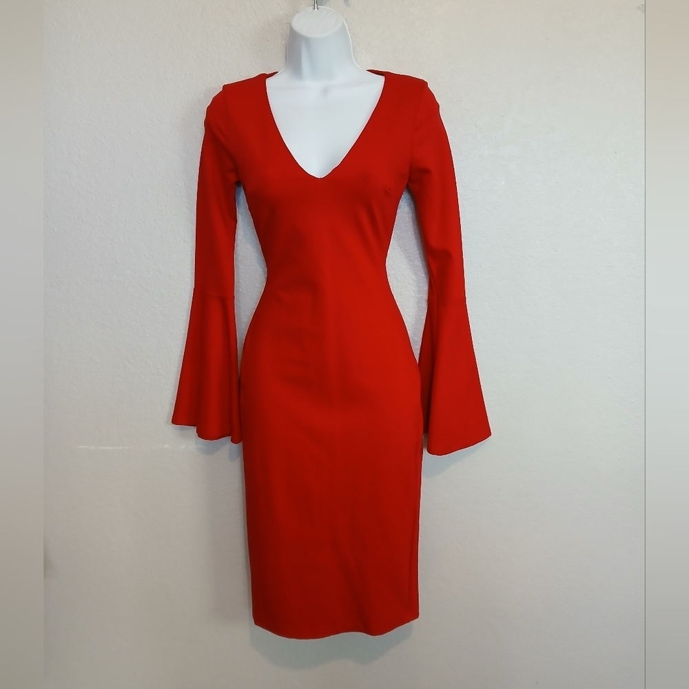 Just Me Red Long Flared Bell Sleeve Midi Pencil Dress Sheath Bodycon V Neck